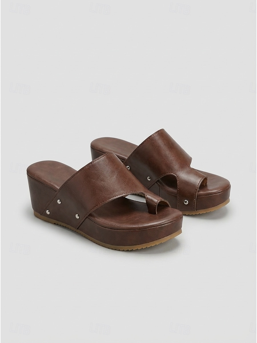 Women's Bold Black Platform Wedge Sandals - Comfortable Leather Slide Sandals with Silver Studded Detail for Luxury Hotel Poolside, Beach Resorts & Summer Vacations 2026 - $29.99 –P2