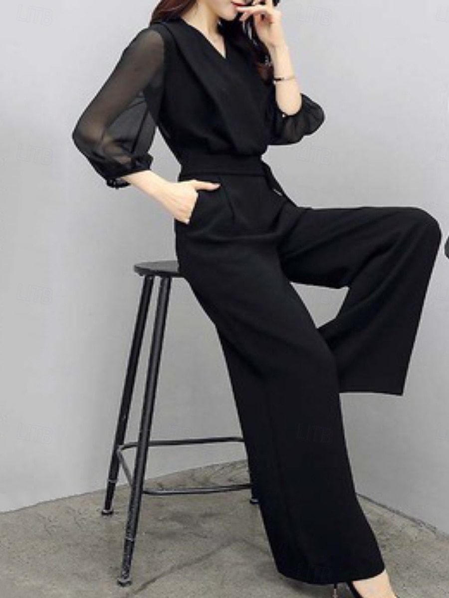 Women's Normal Jumpsuit Active Solid Color Long Sleeve Wide Leg V Neck Patchwork Daily Vacation Regular Fit Black Summer 2026 - $35.99 –P2