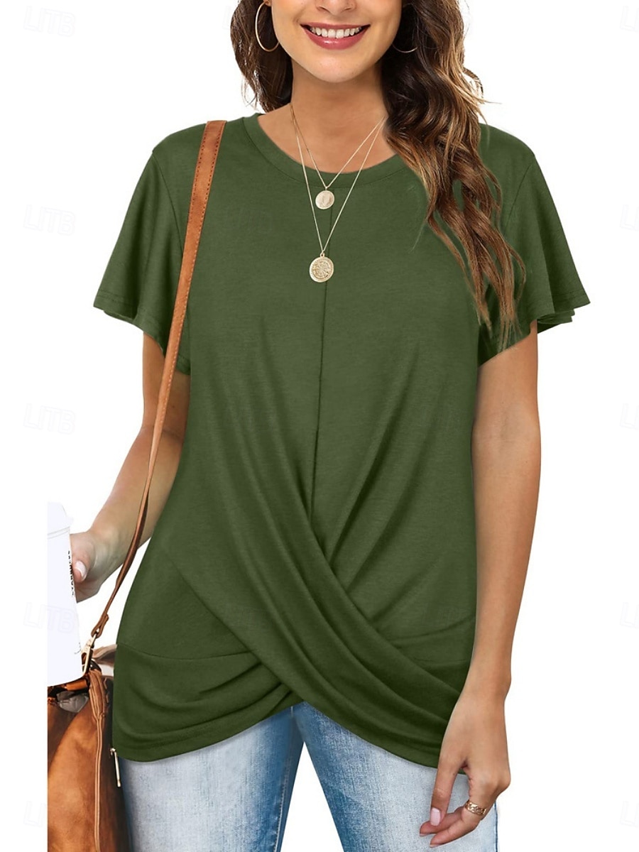 Mulheres Camiseta T-shirt Franzido Tecido Moda à moda Clássico Manga Curta Gola Redonda Tops regulares Diário Para Noite Final de semana Azul Preto Branco Rosa Vinho Verão Primavera de 2026 por $19.99 –P8
