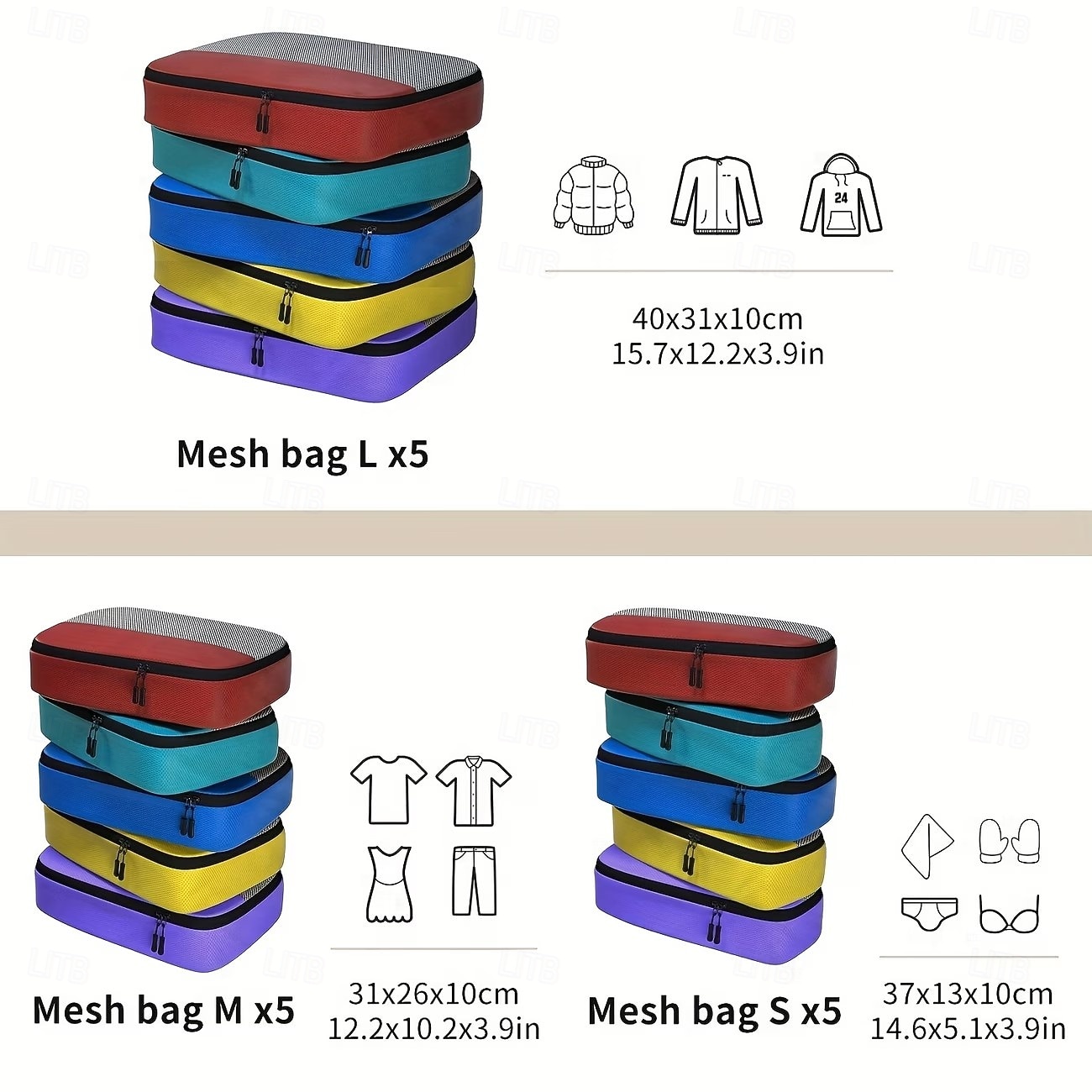 5 bolsas de almacenamiento de viaje, organizadores de embalaje coloridos en 3 tamaños (s, m, l), bolsas livianas para ropa, accesorios y organización del hogar. 2026 - $28.99 –P4