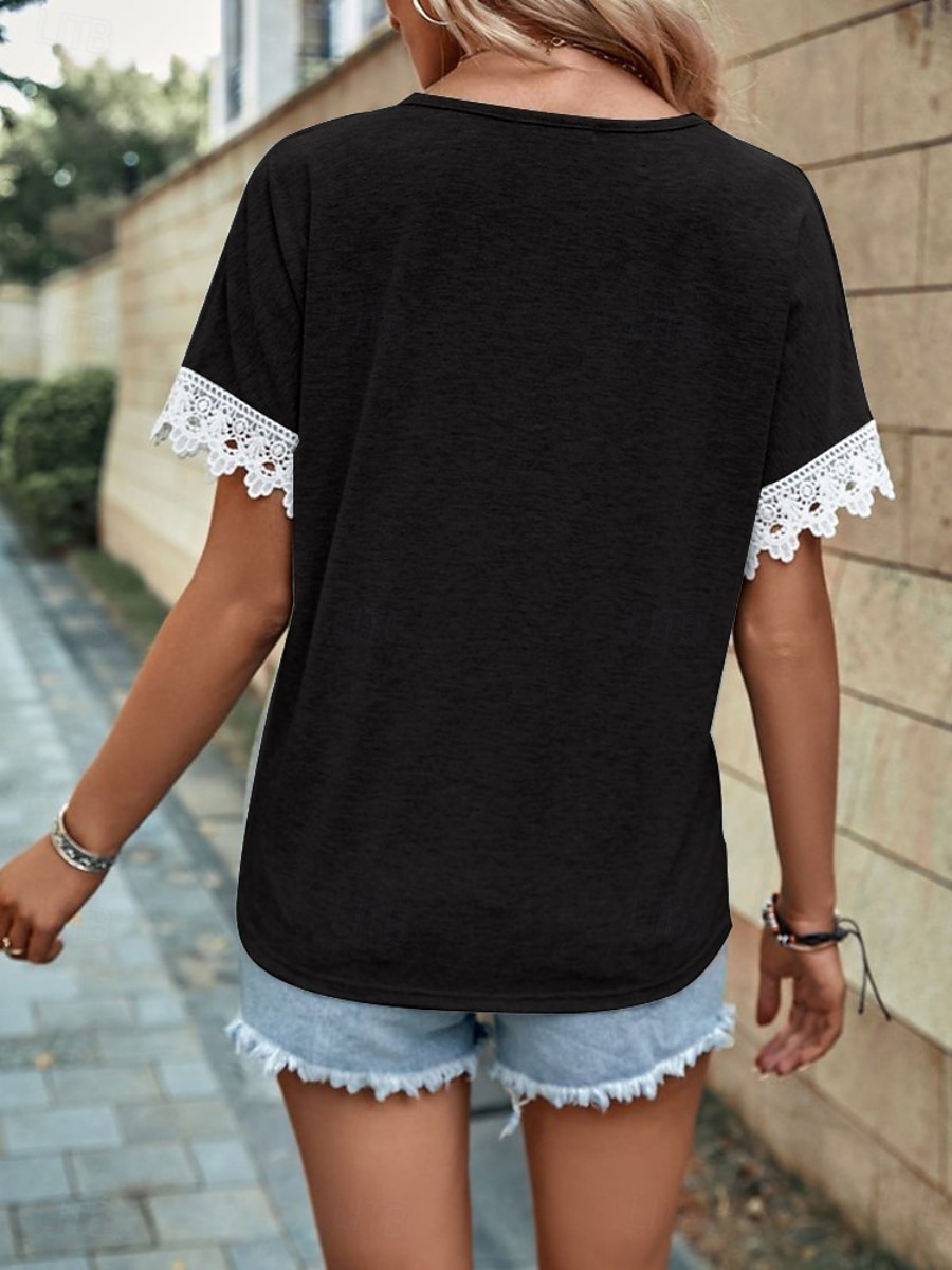 Women's Shirt Blouse Lace Tops Patchwork Solid Color Stylish Classic Modern Short Sleeve V Neck Regular Tops Daily Holiday Going out Blue Black Wine Orange Gray Summer Spring 2026 - $19.99 –P8