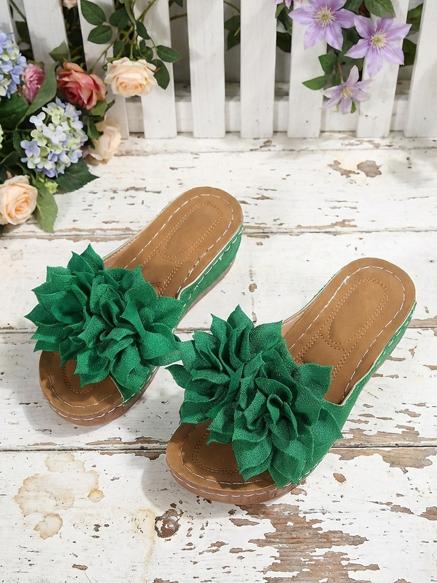 sandali da donna con zeppa verde e dettagli floreali – comode scarpe estive aperte per l'uso casual, quotidiano e in giardino del 2026 a $24.99 –P5