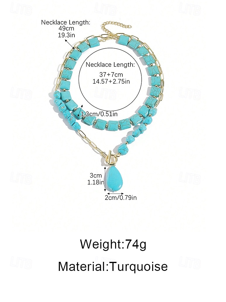 Women's Bohemian Turquoise Layered Necklace, Faux Stone Bead & Gold Alloy Chain Choker with Teardrop Pendant, Boho Summer Beach Vacation & Daily Casual Jewelry 2026 - $11.99 –P5