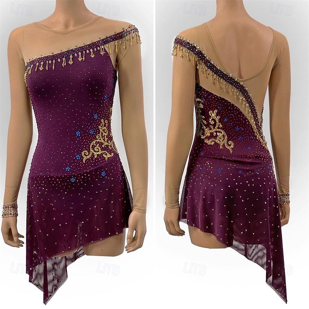 Vestido de patinaje artístico Mujer Chica Patinaje Sobre Hielo Vestidos Borgoña Retazos Espalda Abierta Malla Alta elasticidad Entrenamiento Competición Ropa de Patinaje Clásico Cristal / Strass 2026 - $281.99 –P1