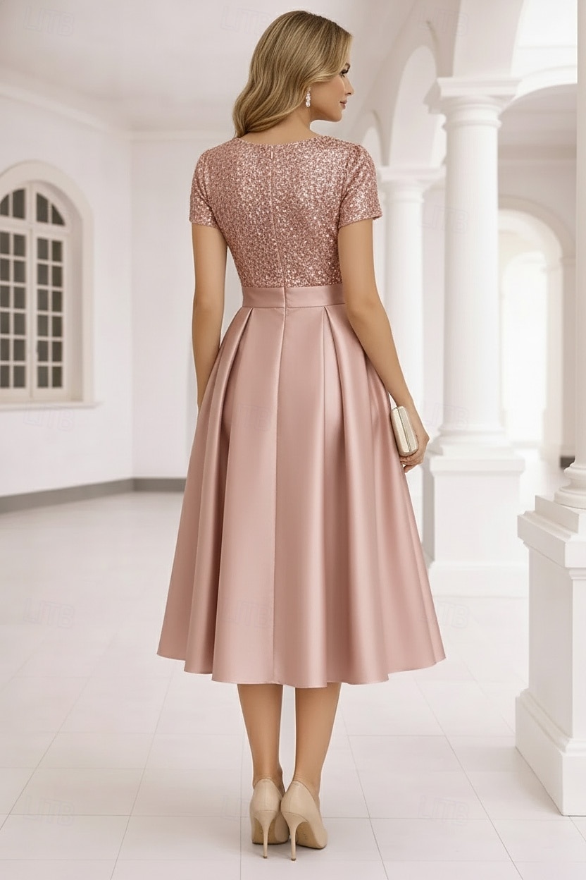 A-Line Tea Length Cocktail Dresses Elegant Short Sleeve V Neck Garden Party Wedding Satin Sequined with Pleats Sequin 2026 - $148.99 –P2