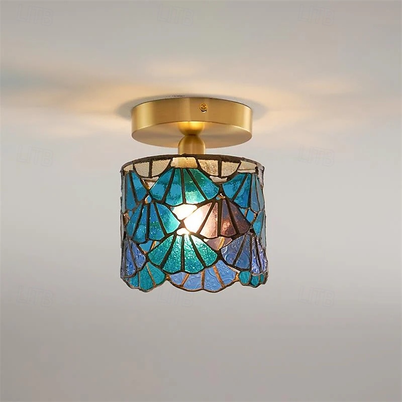 Luminária de teto retrô com vitral azul cilíndrico em vidro com padrão de água, ideal para ilha de cozinha. Luminária de teto vintage ajustável em latão. de 2026 por $146.99 –P2