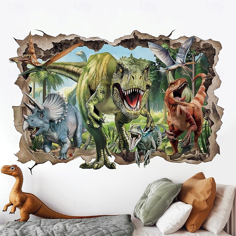 3D őskori dinoszaurusz világ t-rex triceratops brachiosaurus törött falhatás dzsungel fali kárpit ajtó banner gyerekek hálószoba fiúk játszószoba dekoráció születésnapi buli háttér 2026 - $19.99 –P4