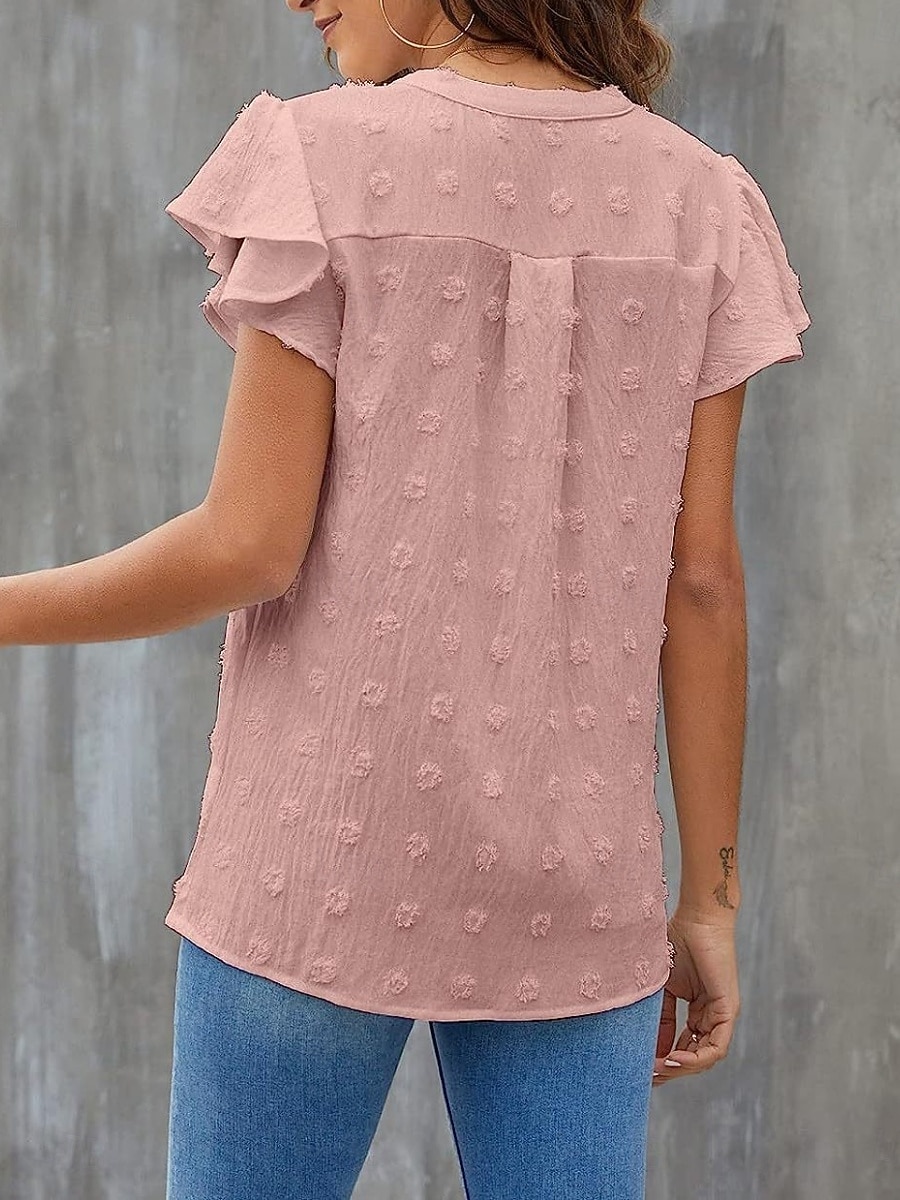 Femmes Chemisier A Volants Couleur Unie Élégant Occasionnel Manche Courte Col en V Hauts Réguliers Quotidien Bleu Noir Blanche Rose Claire Fuchsia Été Printemps de 2026 ? $25.99 –P7