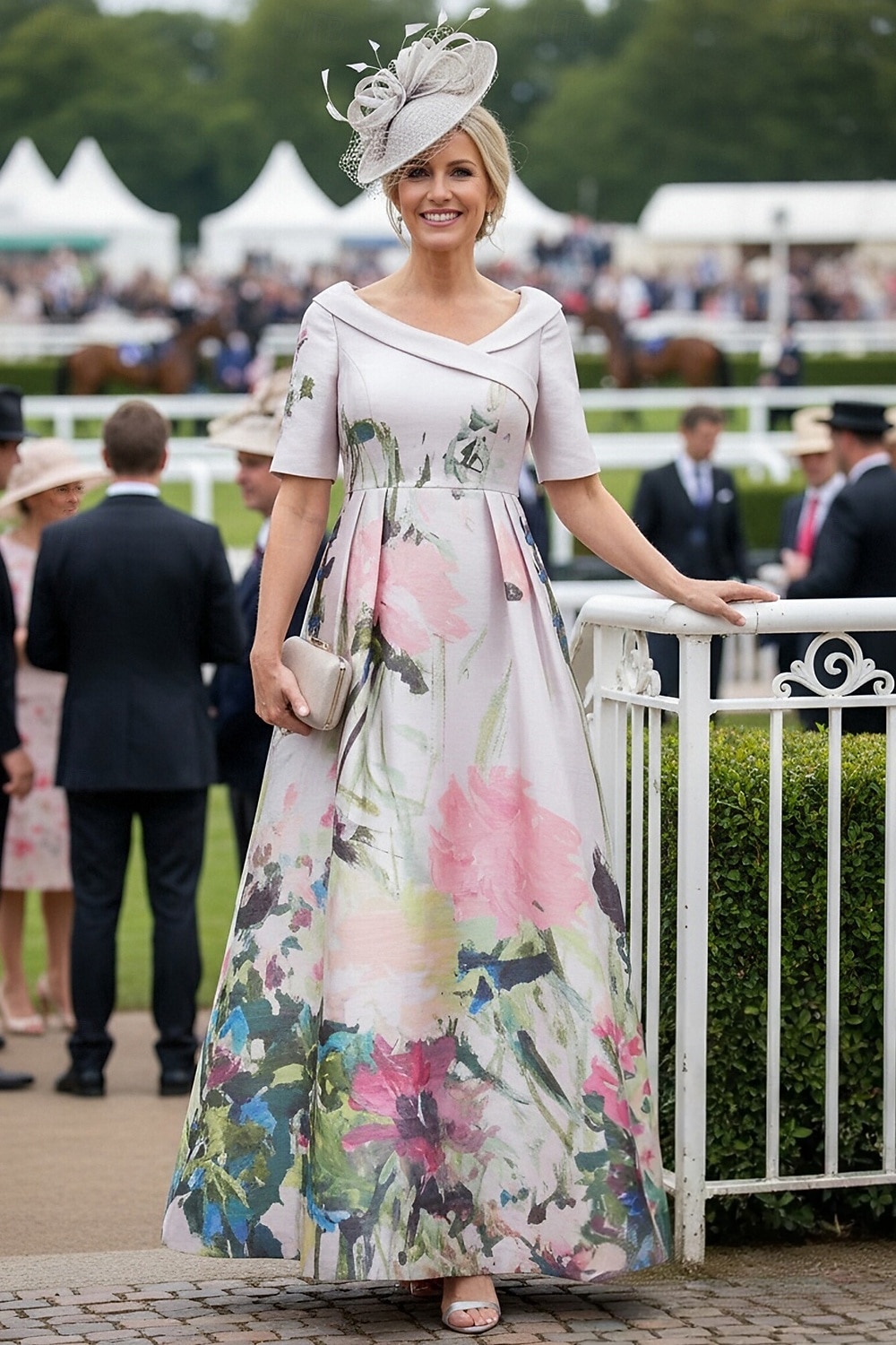 Linea ad A Lunghezza al pavimento Abito da invitata a nozze Abito Formale Abito Derby Abito da cerimonia per signora Mezza Manica Colletto a Camicia Elegante Derby del Kentucky Raso con Stampa del 2026 a $206.99 –P1