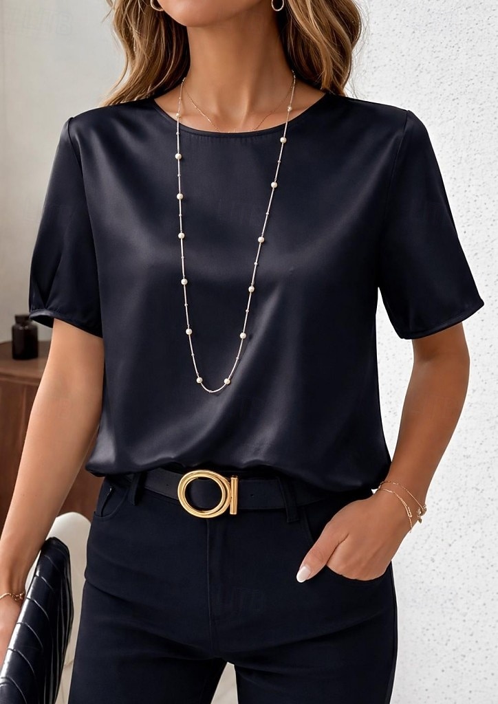 Per donna Top in raso Maglietta Tinta unica Elegante Casual Manica Corta Girocollo Top Regolari Quotidiano Uscire Nero Rosa Rosso Verde Albicocca Estate Primavera del 2026 a $21.99 –P9