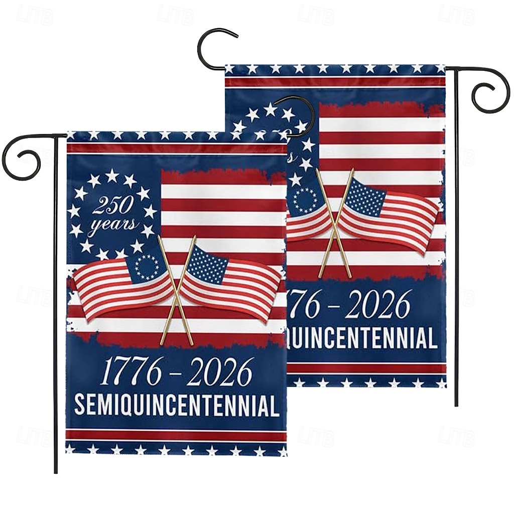 Lot de 2 drapeaux de jardin commémorant le 250e anniversaire des États-Unis (1776-2026), bannière patriotique américaine pour décorer jardin, pelouse, porche ou pour la fête de l'indépendance. de 2026 ? $17.99 –P1