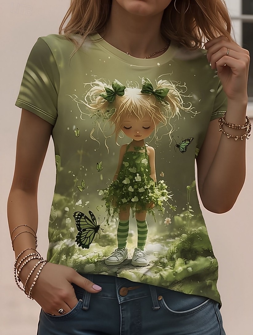 Per donna Maglietta Stampato Grafico Animale Vintage Elegante Classico Manica Corta Girocollo Top Regolari Quotidiano Weekend Verde chiaro Verde Arcobaleno Estate Primavera del 2026 a $22.99 –P1