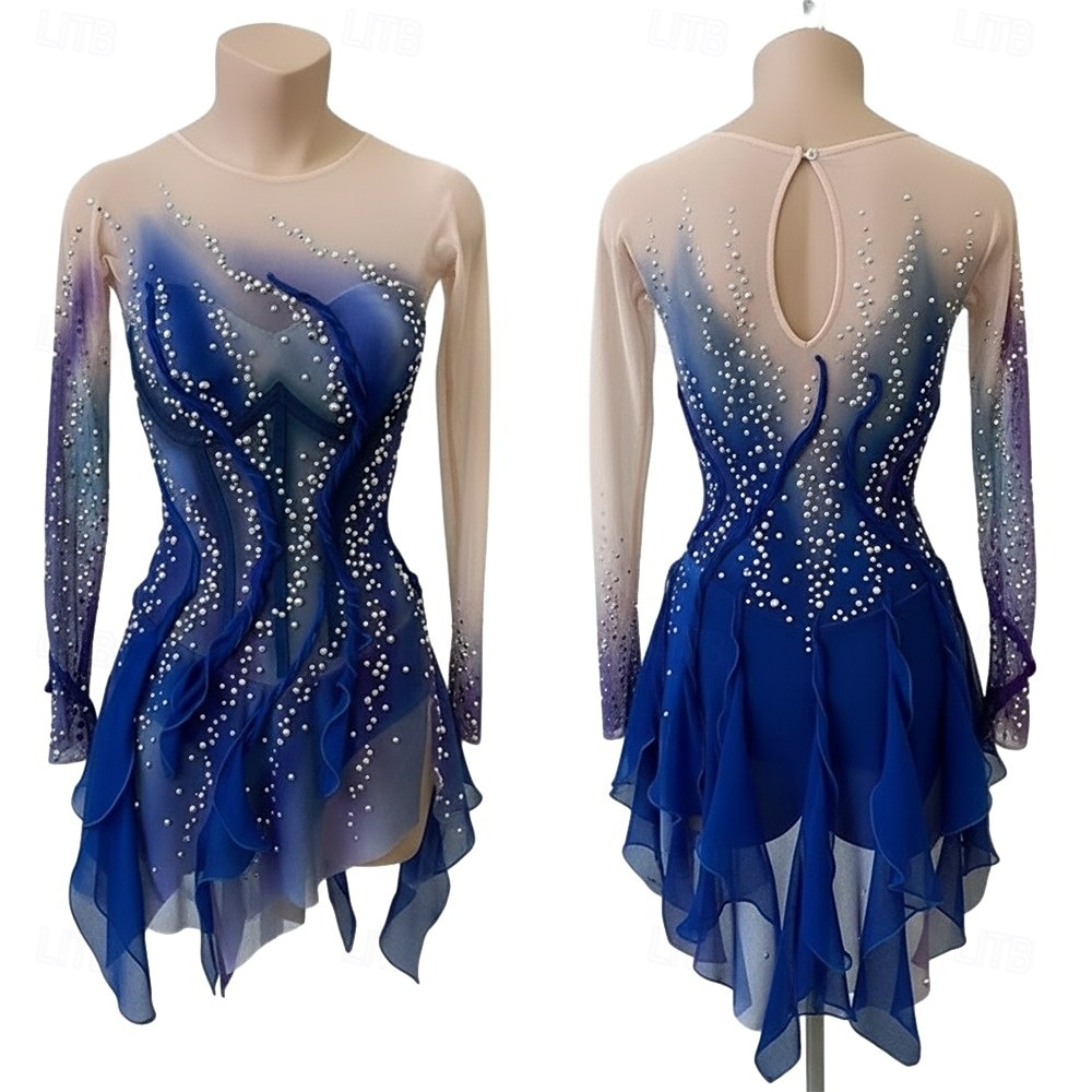 Rochie de Patinaj Artistic Pentru femei Πατινάζ στο πάγο Rochii Albastru Peteci Tiv Asimetric Înaltă Elasticitate Antrenament Competiție Ținută Patinaj Clasic Cristale / Strasuri Manșon Lung Patinaj 2026 - $308.99 –P1