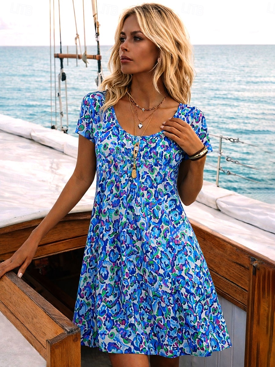 Dame Mini kjole Solkjole T skjortekjole Kjole med A-linje Sommerkjole Ferie Fritid Daglig Strand Ferie Normal Blomstret Grafisk Kortermet Crew-hals Blå Lilla Grønn Sommer Vår 2026 - $24.99 –P4