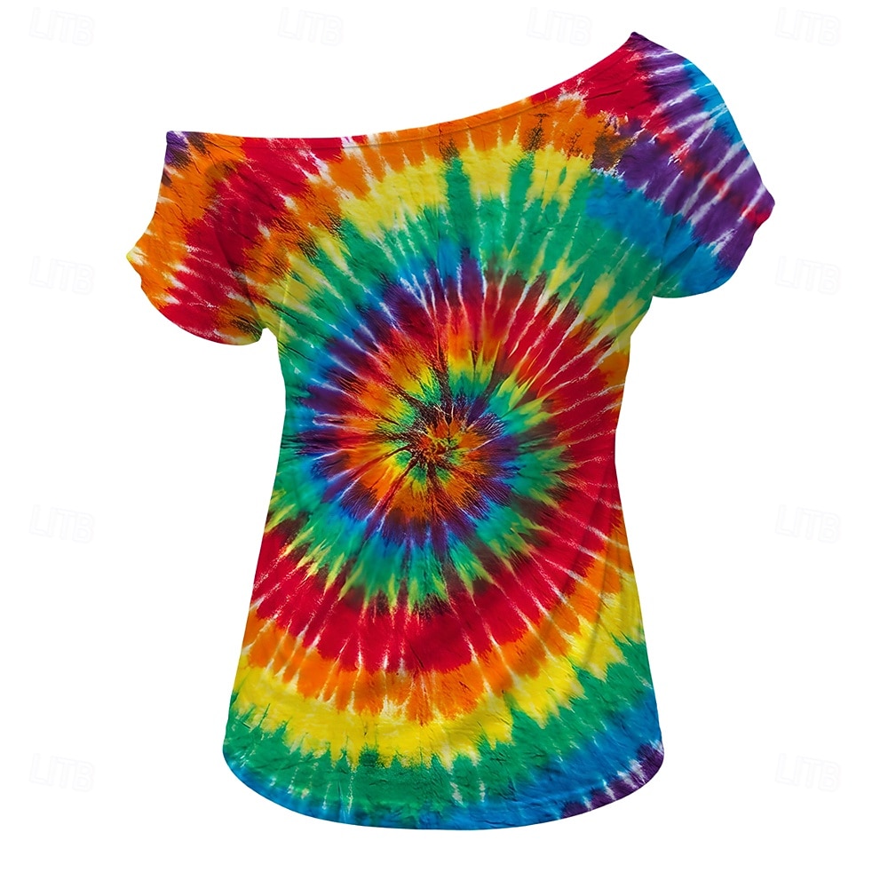 Retro Vintage 1980er T-Shirt Ein-Schulter Kurze Ärmel Hippie Disco Tie Dye Print Kostüm Damen Halloween Karneval Musikfestival Retro-Mottoparty Erwachsene T-shirt 2026 - $18.99 –P3