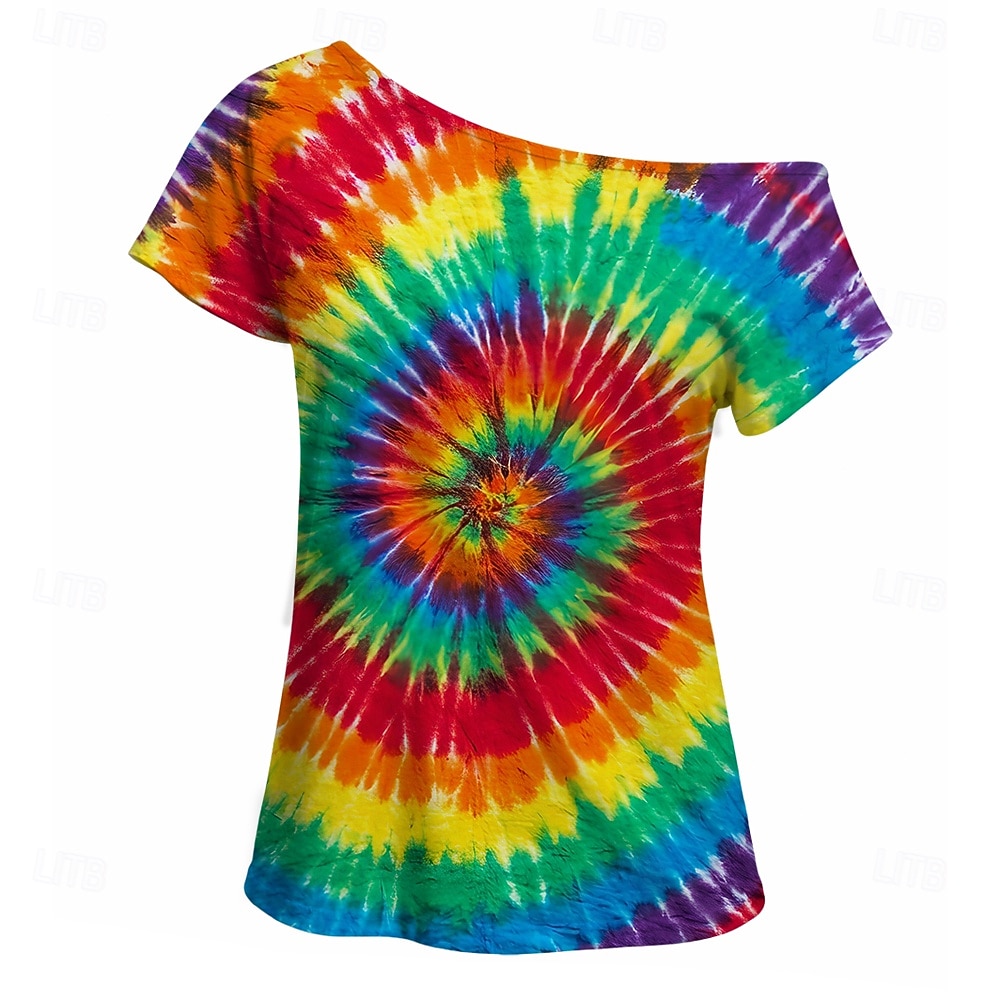Retro Vintage 1980er T-Shirt Ein-Schulter Kurze Ärmel Hippie Disco Tie Dye Print Kostüm Damen Halloween Karneval Musikfestival Retro-Mottoparty Erwachsene T-shirt 2026 - $18.99 –P2