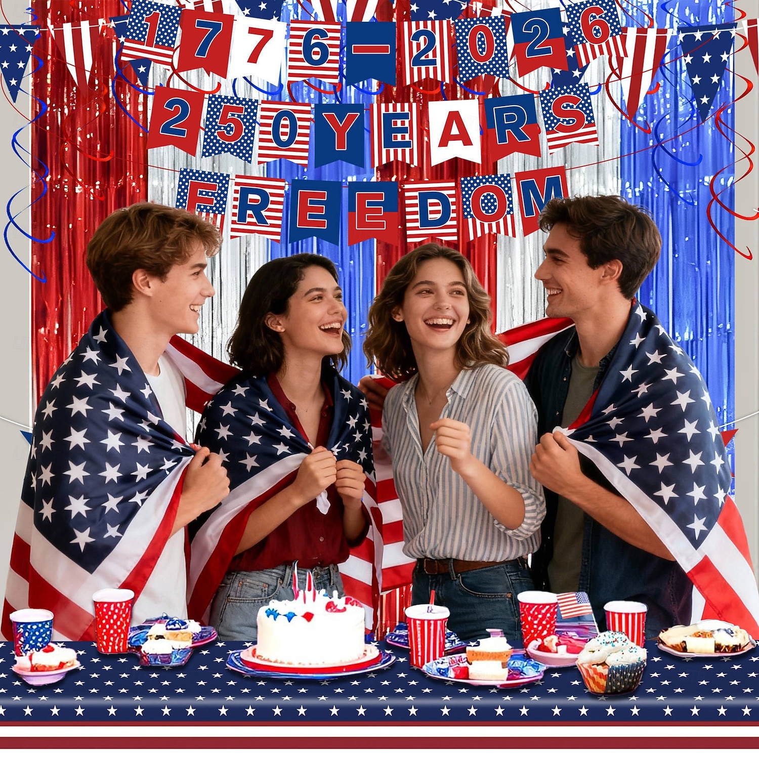 Sada dekorativních bannerů k 250. výročí Dne nezávislosti USA, obsahuje 24 bannerů, 10 vlaječek, 8 stuh, 12 spirálových závěsů a 2 tylové závěsy. &1 ubrus, ideální na oslavy Dne nezávislosti 2026 - $21.99 –P2