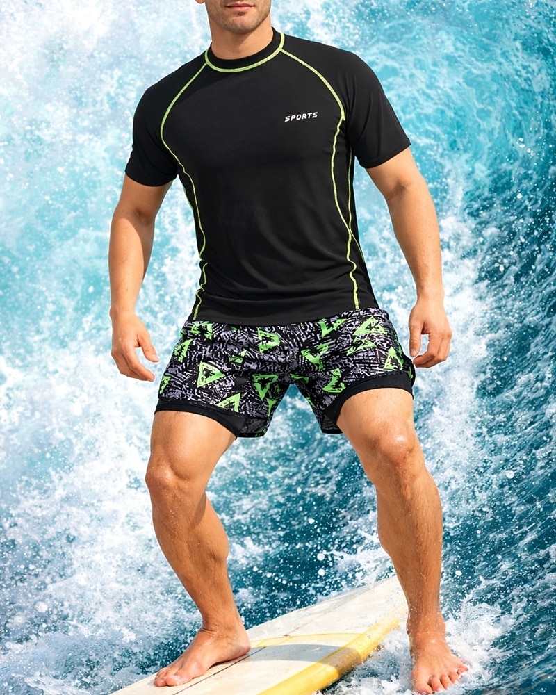 Муж. Стандарт Рашгард из 2 частей Рубашка для серфинга Купальник-шорты Графика Кулиска С компрессионным вкладышем УФ-защита от солнца Быстровысыхающий Дышащий Без рукавов С короткими рукавами 2026 - $22.99 –P1