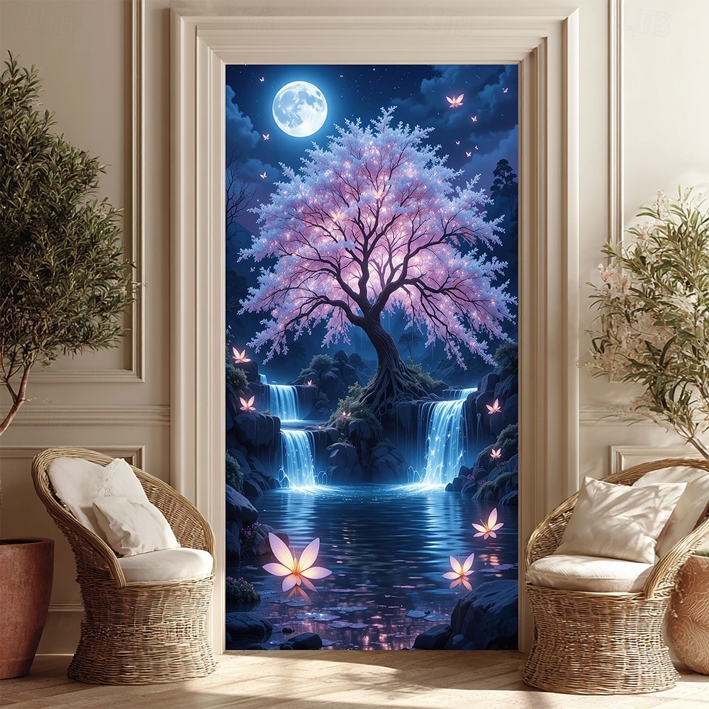 Árvore da vida, lua cheia gigante, raízes brilhantes, paisagem noturna mística, banner de porta, tapeçaria de parede, decoração para casa, decoração de porta de entrada, decoração de hall de entrada, de 2026 por $17.99 –P6