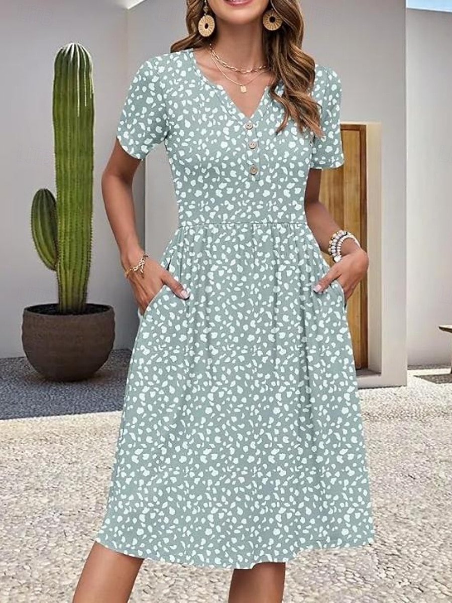 casual dress elegant floral Ivory Midi Casual Summer Dress with Floral Print Ivory Floral / Small
