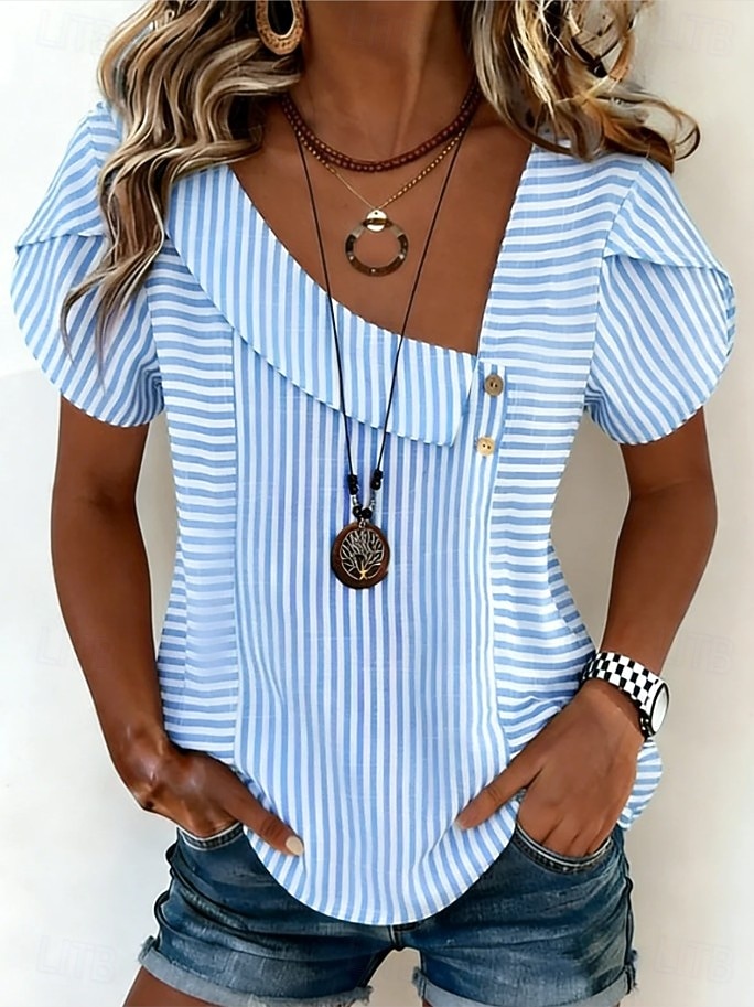Per donna Maglietta Stampato A righe Moda Elegante Classico Manica Corta Scollo a V Top Regolari Quotidiano Uscire Weekend Blu Estate Primavera del 2026 a $21.99 –P1