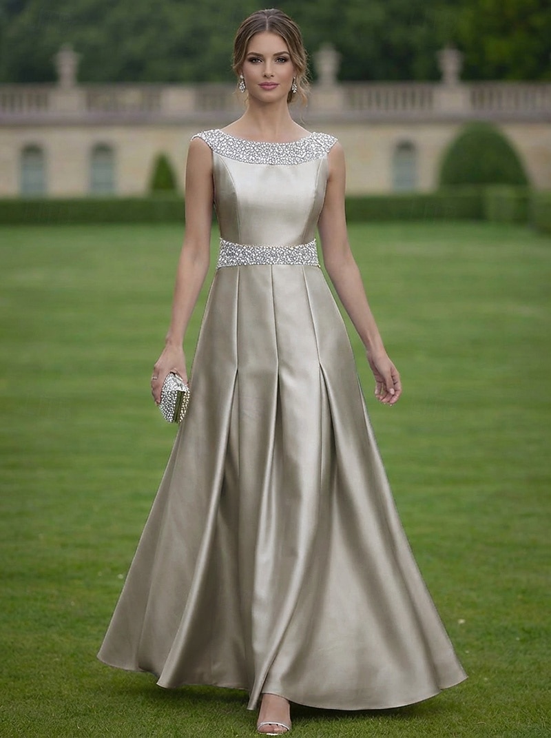 Linea ad A Lunghezza al pavimento Abito da Sera Abito formale Elegante Brillanti Abbellito Senza Maniche Scollo a Barca Matrimonio Formale Raso con Pieghe Cristalli del 2026 a $194.99 –P4