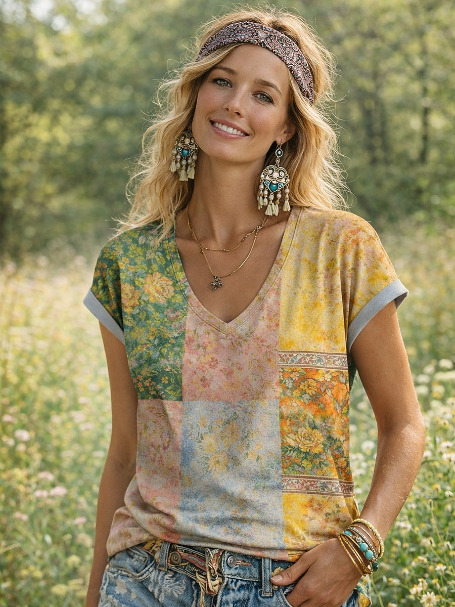 Per donna Maglietta Stampato Floreale Grafico Bohemien Vintage Casual Manica Corta Scollo a V Top Regolari Quotidiano Verde primavera Giallo Rosa Verde militare Verde scuro Estate Primavera del 2026 a $21.99 –P1