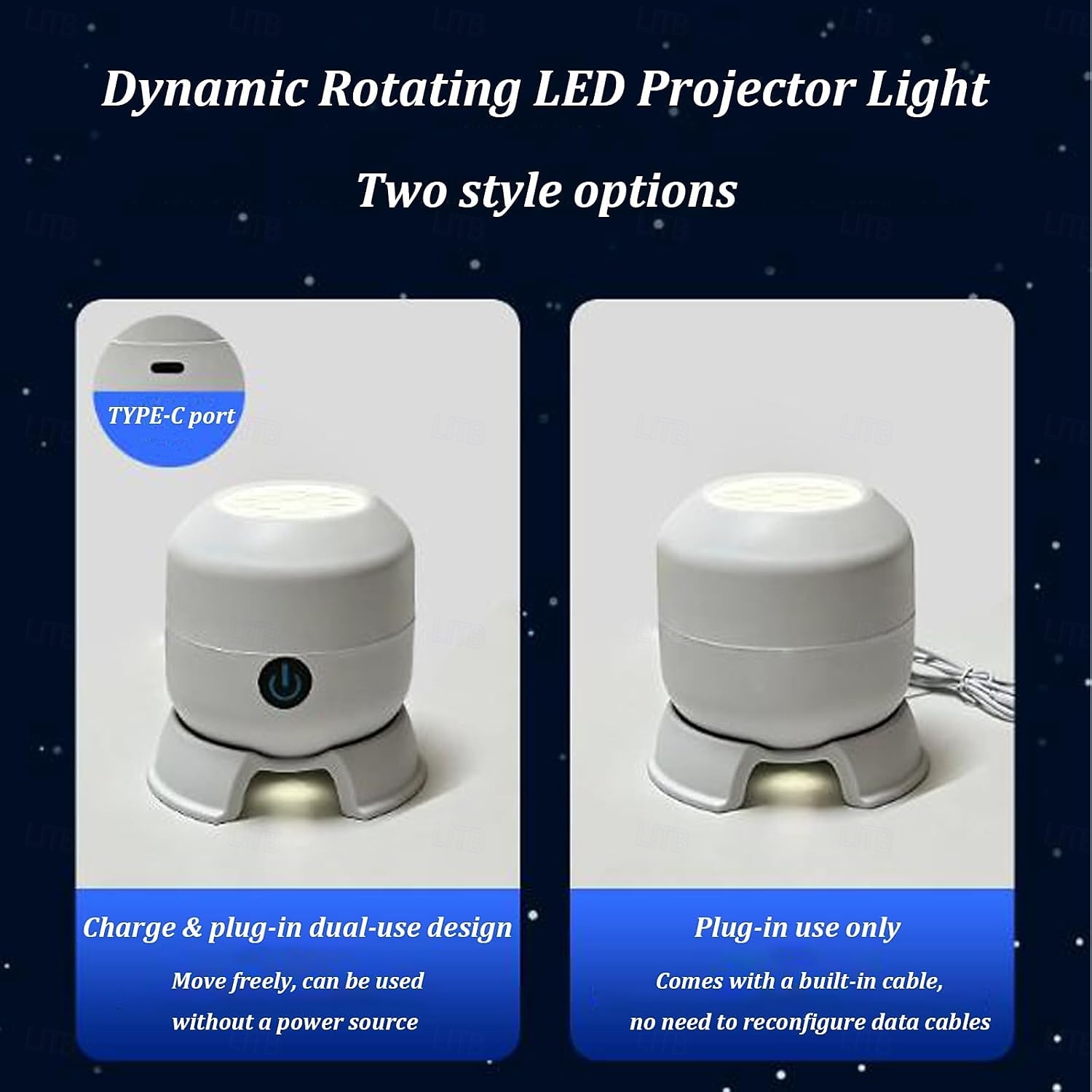 Projetor de luz LED dinâmico e giratório, com rotação de 360°, recarregável via USB, com padrões dinâmicos de flocos de neve, oceanos e Natal para quarto, banheiro e corredor. de 2026 por $20.64 –P1