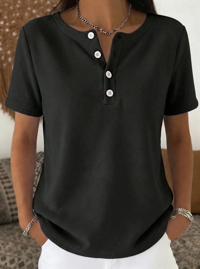 Women's Blouse Chest Buttons Solid Color Stylish Basic Classic Short Sleeve Crew Neck Regular Tops Daily Blue Black White Red Navy Blue Summer Spring 2026 - $26.99 –P5