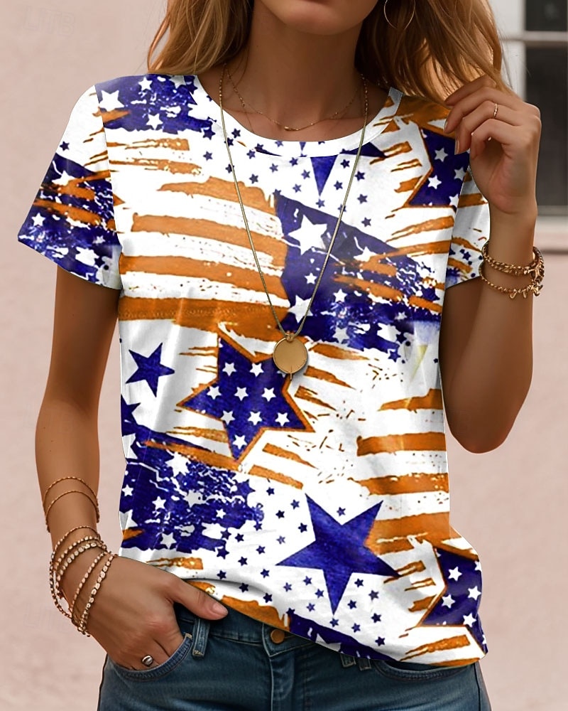 Amerikanischer Unabhängigkeitstag Damen T Shirt Druck Grafik Stern Vintage Stilvoll Klassisch Kurzarm Rundhalsausschnitt Normale Oberteile Täglich Rote Purpur Orange Grün Sommer Frühling 2026 - $22.99 –P3