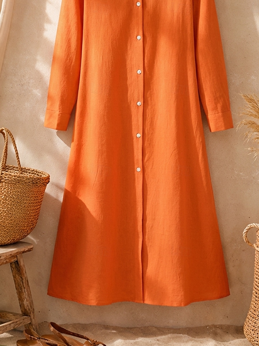 Women's Midi Dress Linen-feel Dresses Shirt Dress Casual Dress A Line Dress Fashion Basic Modern Daily Vacation Going out Regular Fit Plain Long Sleeve Shirt Collar Blue Black Wine Orange Spring Fall 2026 - $27.99 –P4