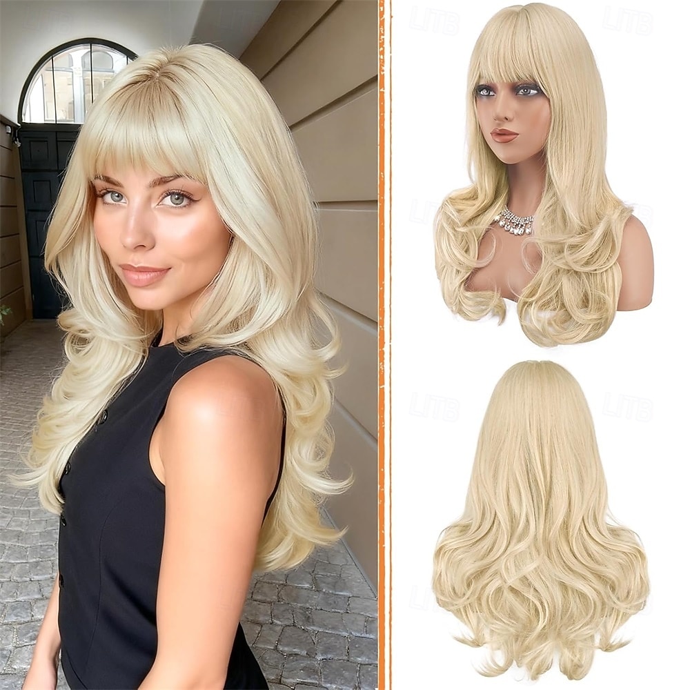 Pelucas rubias con flequillo, corte de pelo largo ondulado en capas, aspecto natural, peluca sintética esponjosa resistente al calor para mujeres, ideal para fiestas y uso diario, 24 pulgadas. 2026 - $31.99 –P1