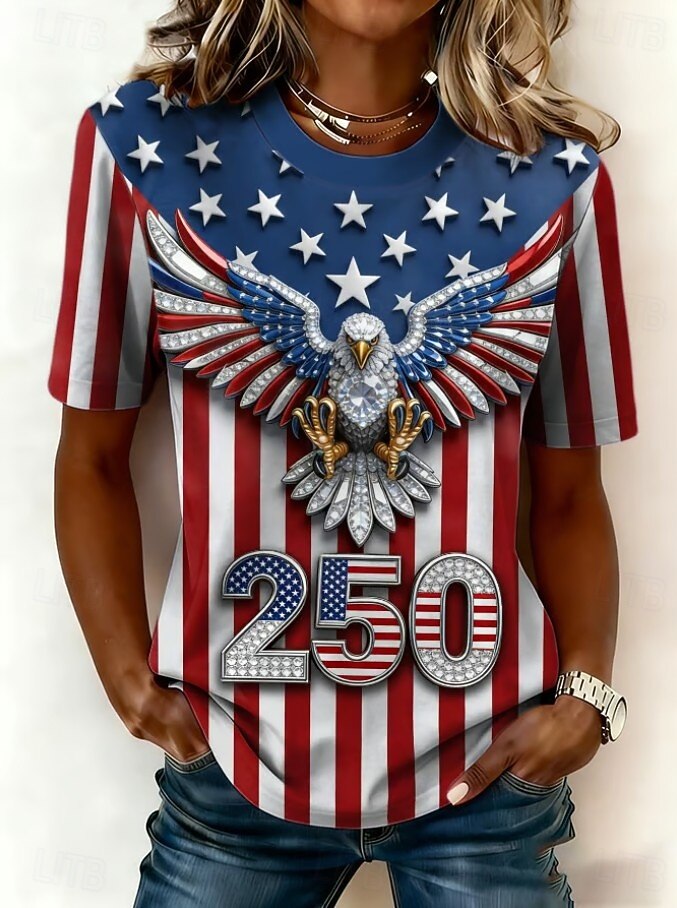 Amerikansk uavhengighetsdag Dame T skjorte Trykt mønster Grafisk Bokstaver Amerikansk flagg Årgang Stilfull Klassisk Kortermet Crew-hals Vanlige topper Daglig Hvit Rød Navyblå Rød / Blå Sommer Vår 2026 - $22.99 –P5