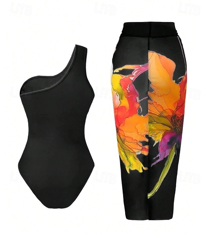 Mulheres Roupa de Banho 2 partes Monoquíni Saia roupa de banho Compressão abdominal Cintura Alta Delgado Frente Única Férias Roupa de Praia Floral Pescoço Assimétrico Sem Manga Fatos de banho de 2026 por $29.99 –P13