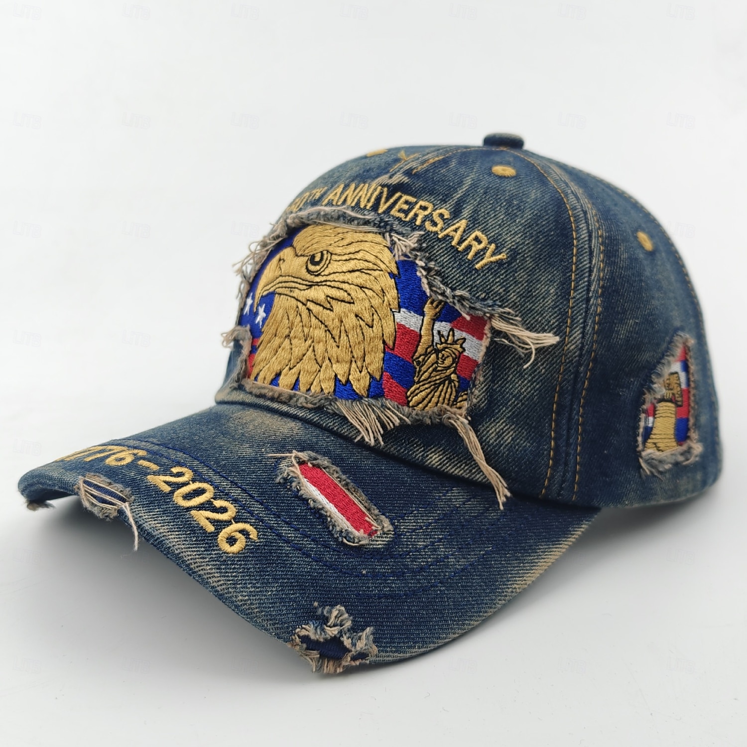 USAs 250-årsjubileumscaps med slitt denim-logo, vintage USA-hatt 1776-2026, patriotisk uavhengighetsdagscaps, vintage amerikansk flagghatt for menn og kvinner 2026 - $21.99 –P3