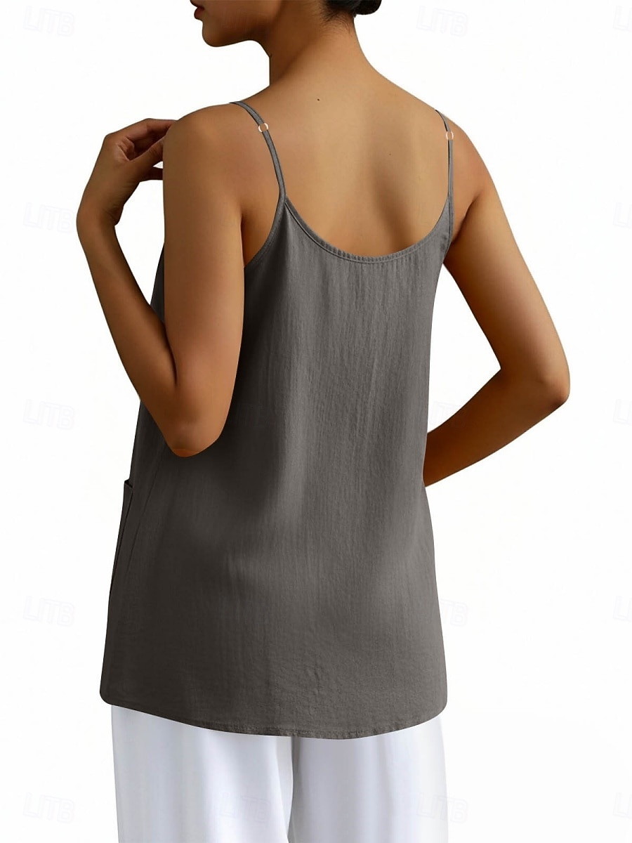 Regata feminina com bolso, lisa, moderna, elegante, clássica, sem mangas, gola redonda, ideal para uso diário, passeios e fins de semana. Cores: azul, preta, branca, amarela, rosa. Verão e primavera. de 2026 por $18.49 –P12