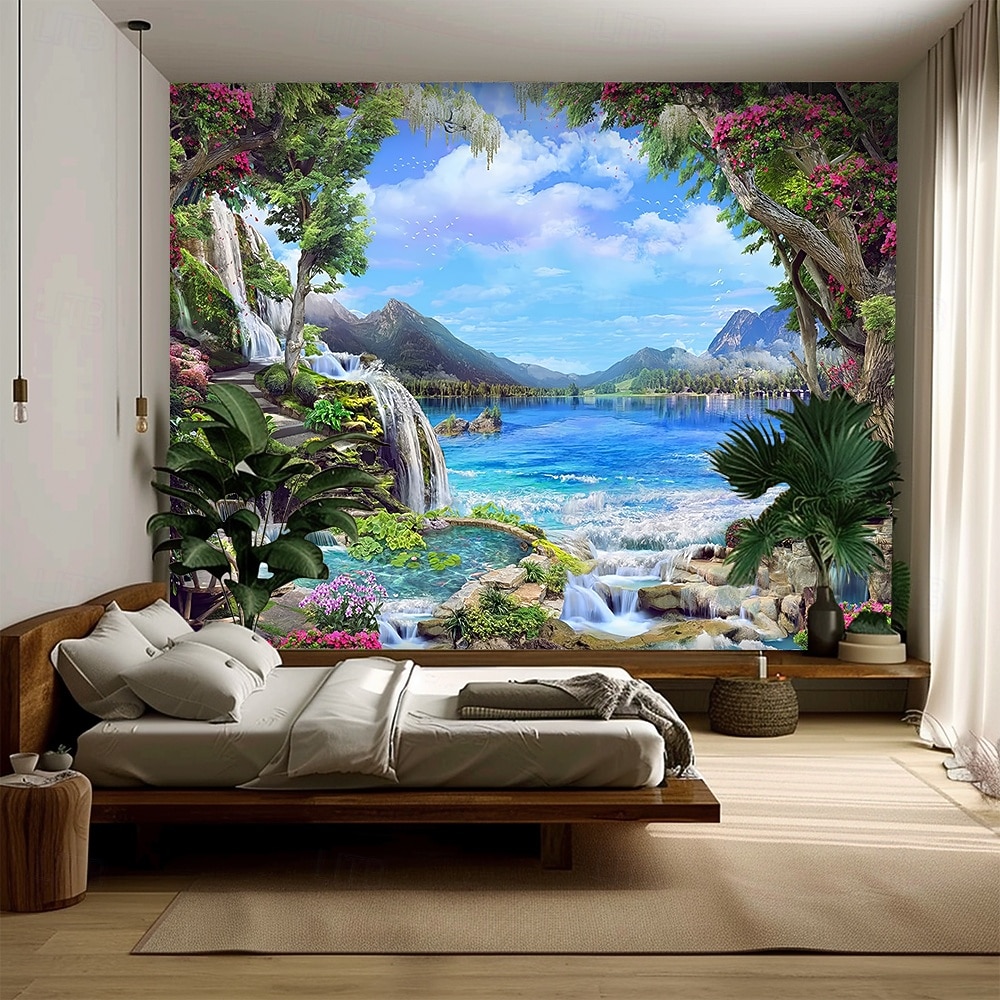 Tapiz de pared 3D realista con paisaje natural, cascada y lago azul, bosque de ensueño, montaña y flores. Tapiz colgante para sala de estar, dormitorio, residencia estudiantil, hogar y oficina. 2026 - $45.99 –P2