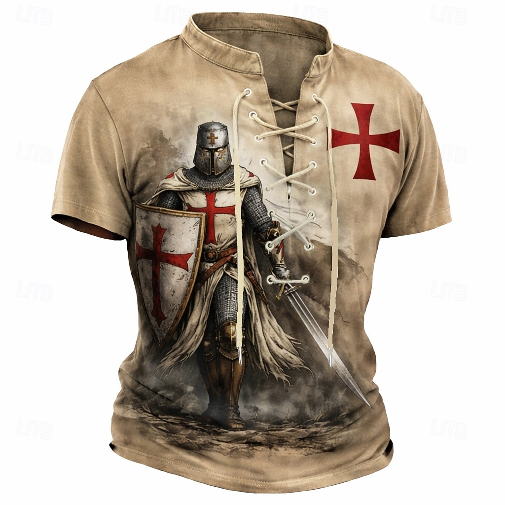 Camiseta Masculina Cruzados Cavaleiros Templários Cruzado Medieval Retro T-Shirt Estampa Completa Decote V Com Cordão Cruz Manga Curta Superior Casual Streetwear Roupas Designer de 2026 por $21.99 –P1
