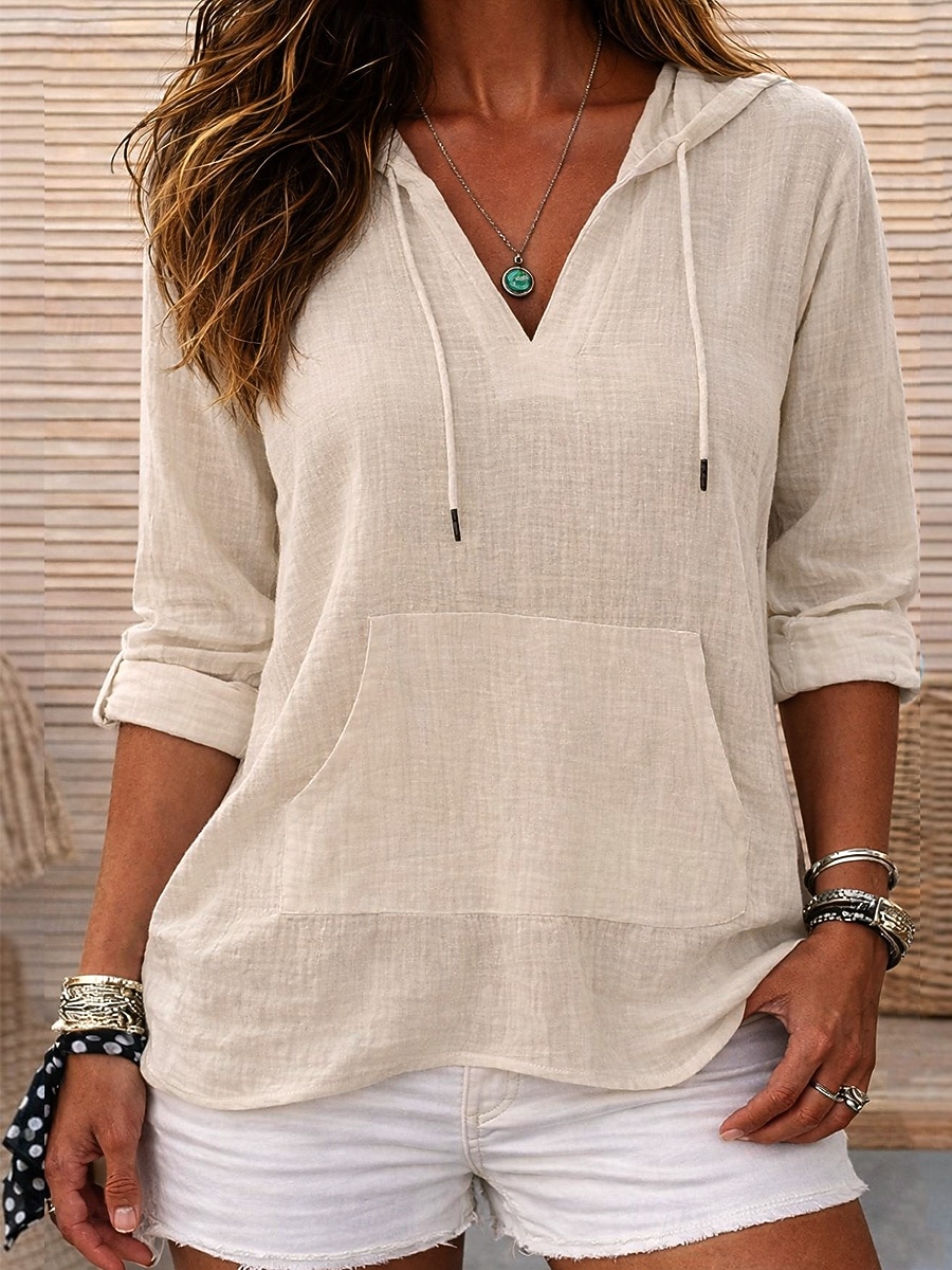 Damskie Koszule bawełniane lniane Jednokolorowe Codzienny Elegancki Podstawowy Długi rękaw Kaptur Zwykłe topy Codzienny Niebieski Granatowy Beżowy Lato Wiosna Jesień 2026 - $24.99 –P5