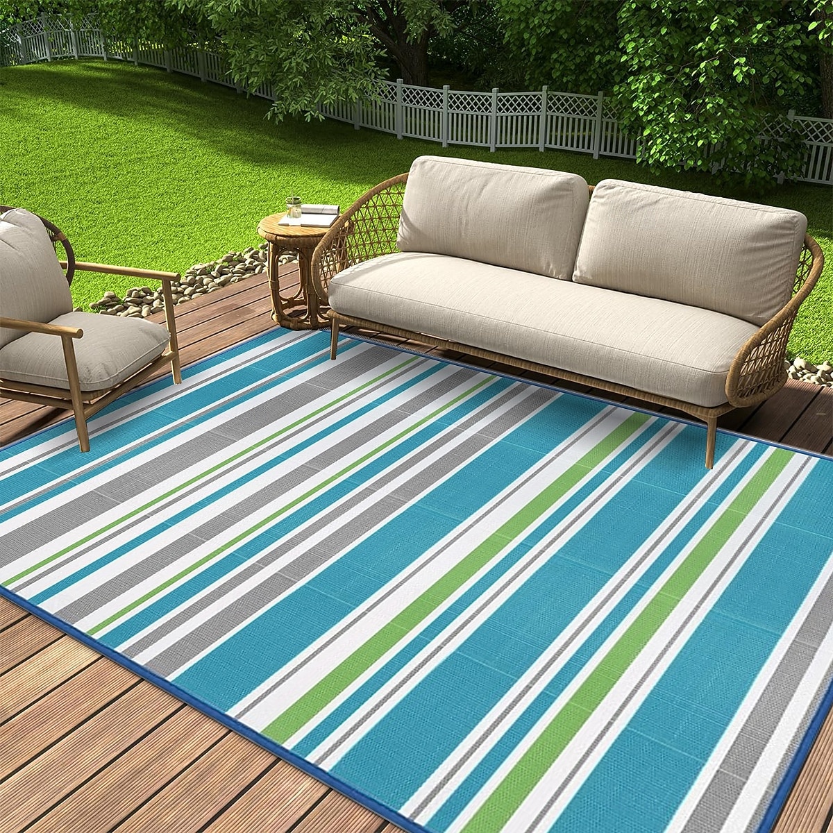 vanntett utendørsteppe 1,5 x 2,4 m, vendbart plastteppe, moderne teppe, stor gulvmatte for utendørs bruk, bobil, terrasse, bakgård, dekk, piknik, strand, camping, blå &grønn 2026 - $51.99 –P2