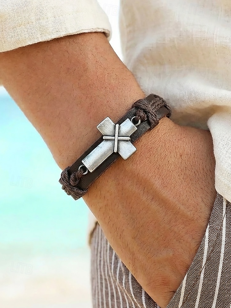 Herrarmband med bohemiskt kors i läder, äkta läder och legering, vintage-stil, justerbar längd, svart och brunt, perfekt för utomhusresor, vardagsbruk och fritidsbruk 2026 - $7.99 –P2