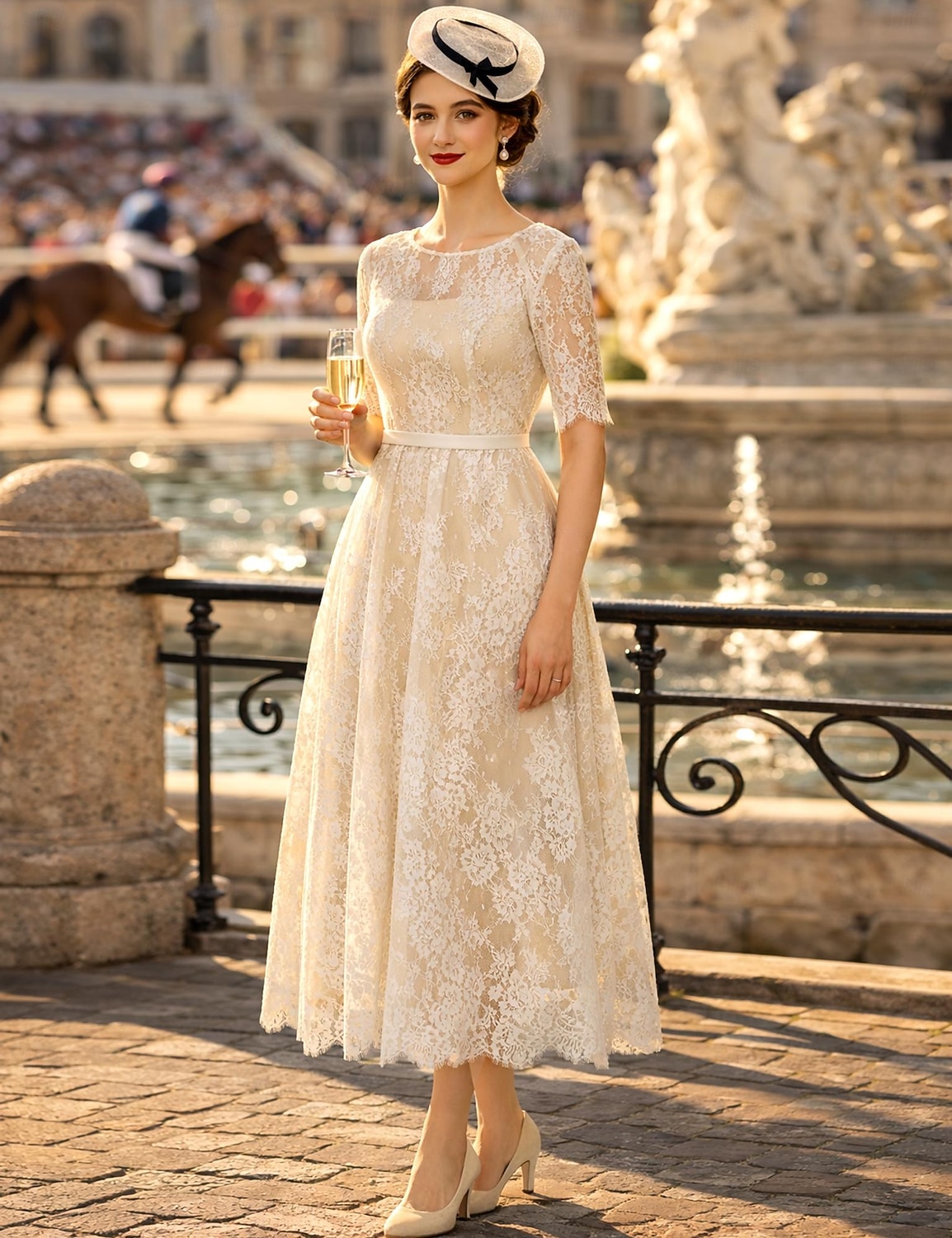 Corte A Vestido Midi Vestidos de novia Vestidos para la despedida de soltera Vestido de novia Vestidos Blancos Vestidos Novia en Color Media Manga Escote de ilusión Graduación Cumpleaños Encaje con 2026 - $175.99 –P4