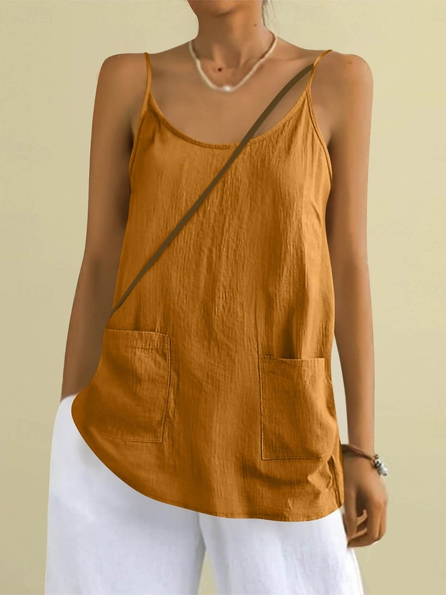 Regata feminina com bolso, lisa, moderna, elegante, clássica, sem mangas, gola redonda, ideal para uso diário, passeios e fins de semana. Cores: azul, preta, branca, amarela, rosa. Verão e primavera. de 2026 por $18.49 –P11