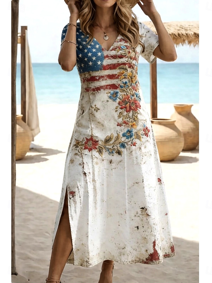 American Independence Day Women's Maxi Dress Shift Dress Sundress T Shirt Dress Tee Dress Vacation Casual Holiday Loose Fit Graphic American Flag Short Sleeve V Neck Beige Summer Spring 2026 - $25.99 –P1