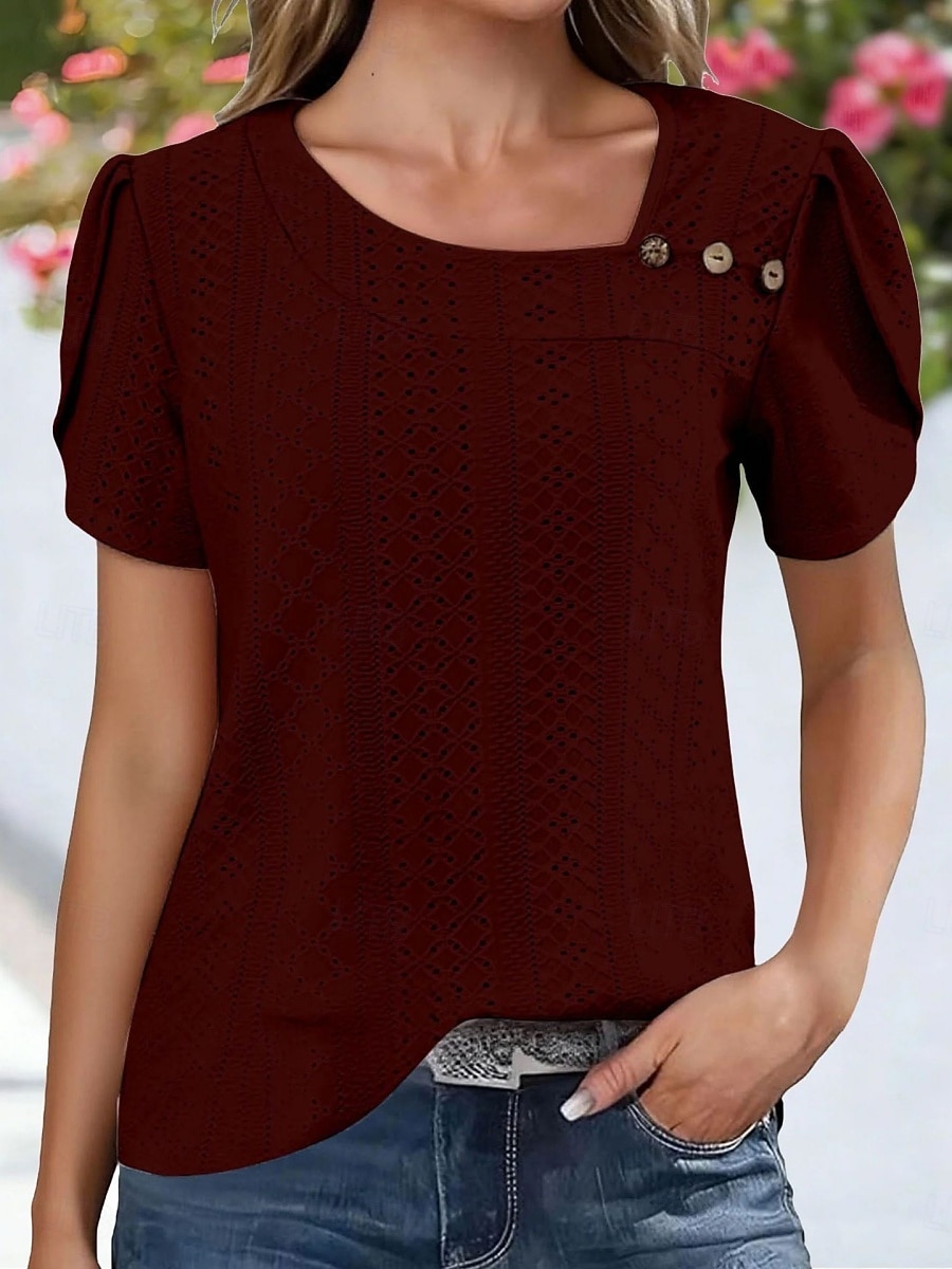 Γυναικεία Πουκάμισο Πουκάμισο Pointelle Κορυφή ματιών Μπλούζα Μικρή Οπή Κουμπιά Σκέτο Βίντατζ Στυλάτο Κλασσικό Κοντομάνικο Ασύμμετρο Κανονικά μπλουζάκια Causal Καθημερινά Παραλία 2026 - $18.49 –P3