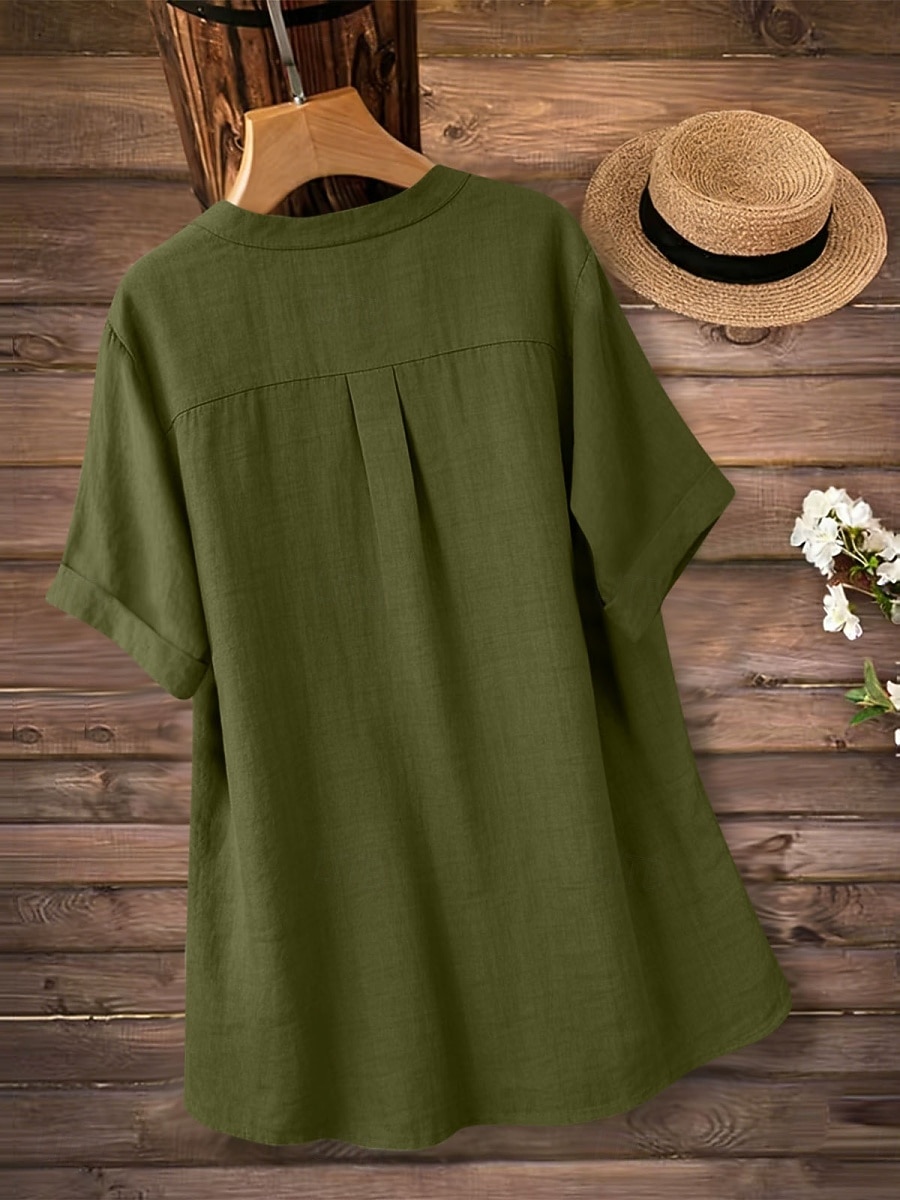 Dames Overhemden met linnenlook Blouse Overhemd van imitatie linnen Knop Effen Kleur Dagelijks Stijlvol Basic Halve mouw V-hals Normale tops Dagelijks blauw Zwart Geel Rood Paars Zomer Lente Herfst 2026 - $22.99 –P17