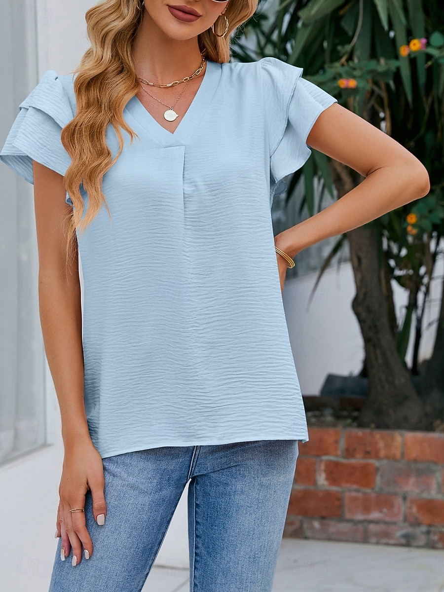 Dame T skjorte T-skjorte Drapering عادي Mote Stilfull Klassisk Kortermet V-hals Vanlige topper Daglig Ut på byen Helg Svart Hvit Rosa Himmelblå Fuksia Sommer Vår 2026 - $22.99 –P7