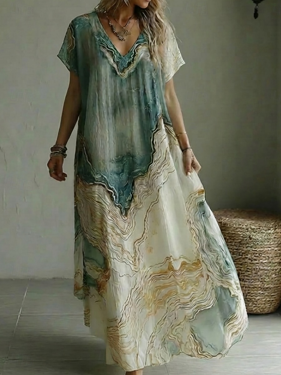 Mulheres Vestido Longo Vestido casual Vestido estampado Elegante Moda Moderno Ao ar livre Férias Para Noite Ajuste Largo impressão de mármore Manga Curta Decote V Azul Verão Primavera de 2026 por $44.99 –P1