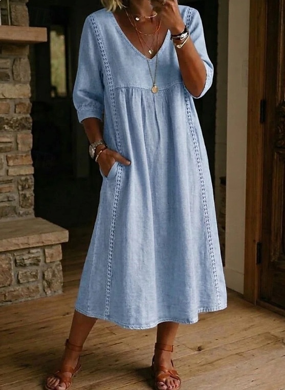 Abito Midi da Donna in 100% Cotone Abito a Finta Lino Abito all Aline Abito Estivo Vacanza Festa Casual Giornaliero Ufficio Spiaggia Vestibilità Larga Semplice Maniche Corte Collo a V Blu Chiaro Nero del 2026 a $31.99 –P8