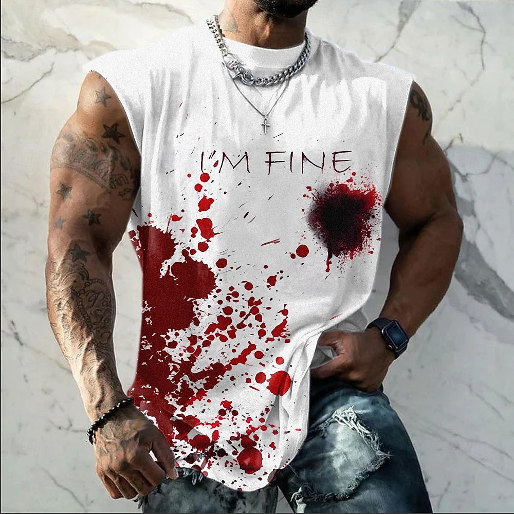 Herr-t-shirt med "jag mår bra", blodigt stänk, rolig mörk humor, ärmlös t-shirt med heltäckande tryck, skräckgrafik, muskeltröja, designerkläder, s m l xl xxl xxxl 2026 - $17.99 –P1